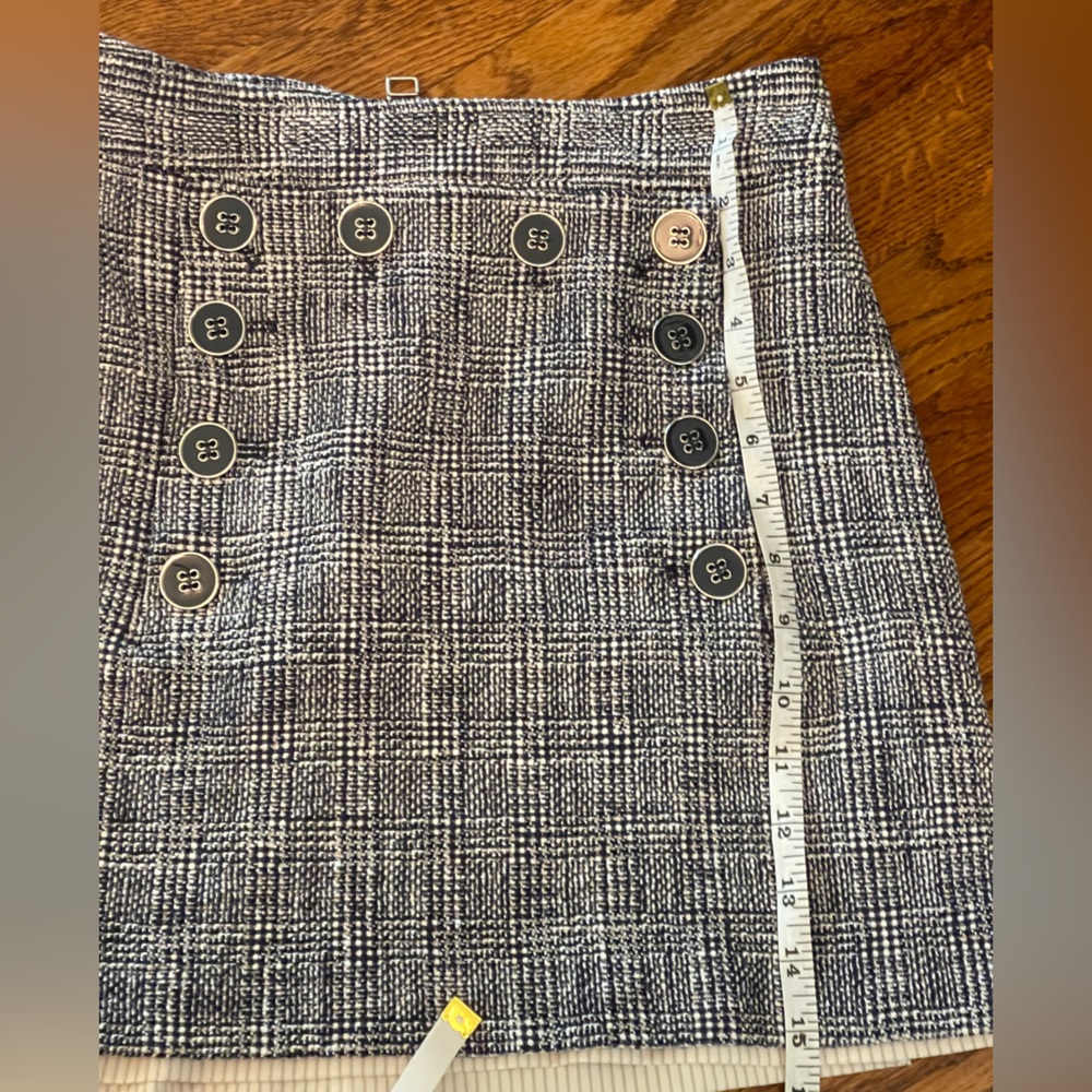 Veronica Beard Maida navy and white plaid button panel miniskirt.
